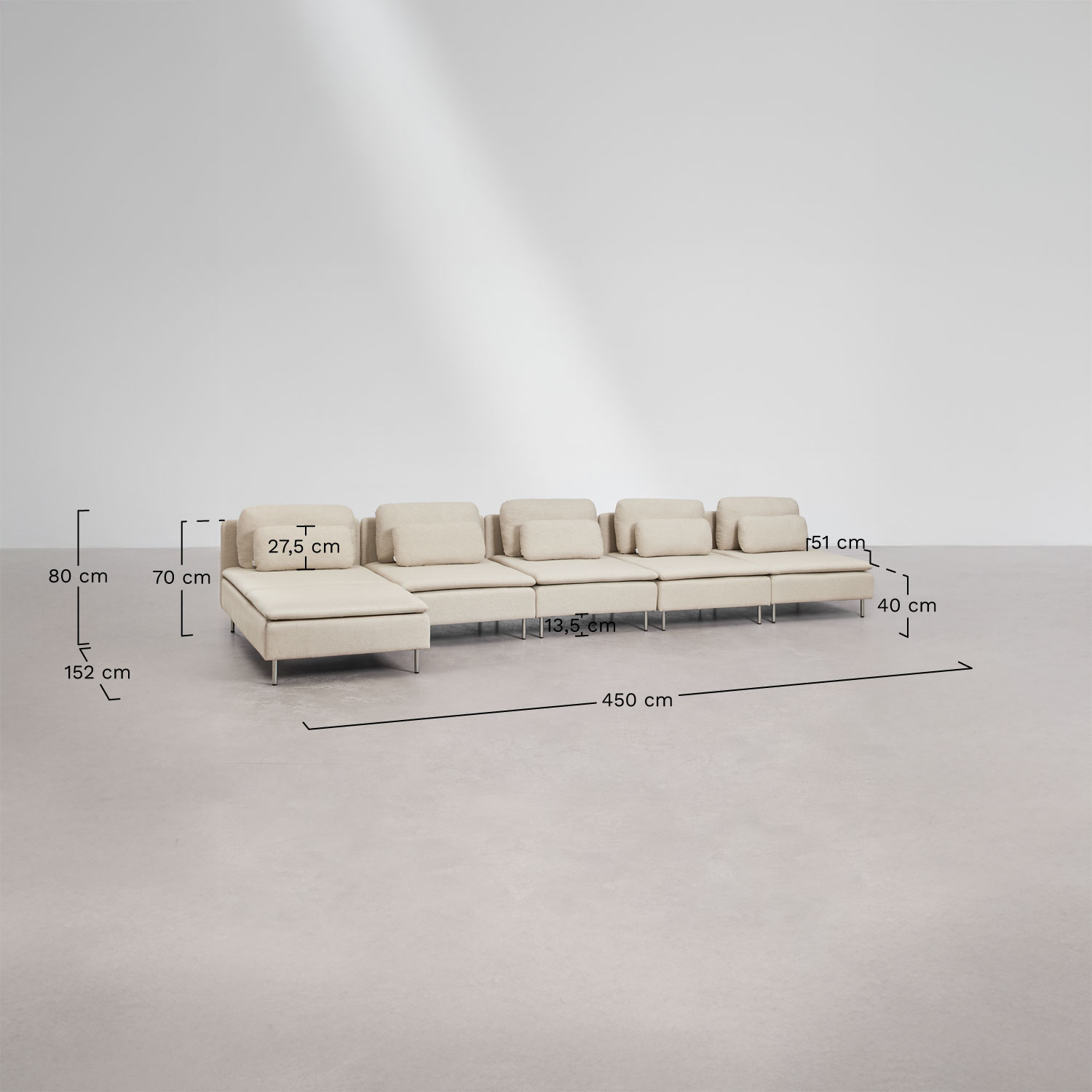 Oriol 5-delige chaise longue modulaire bank links, AFMETINGEN