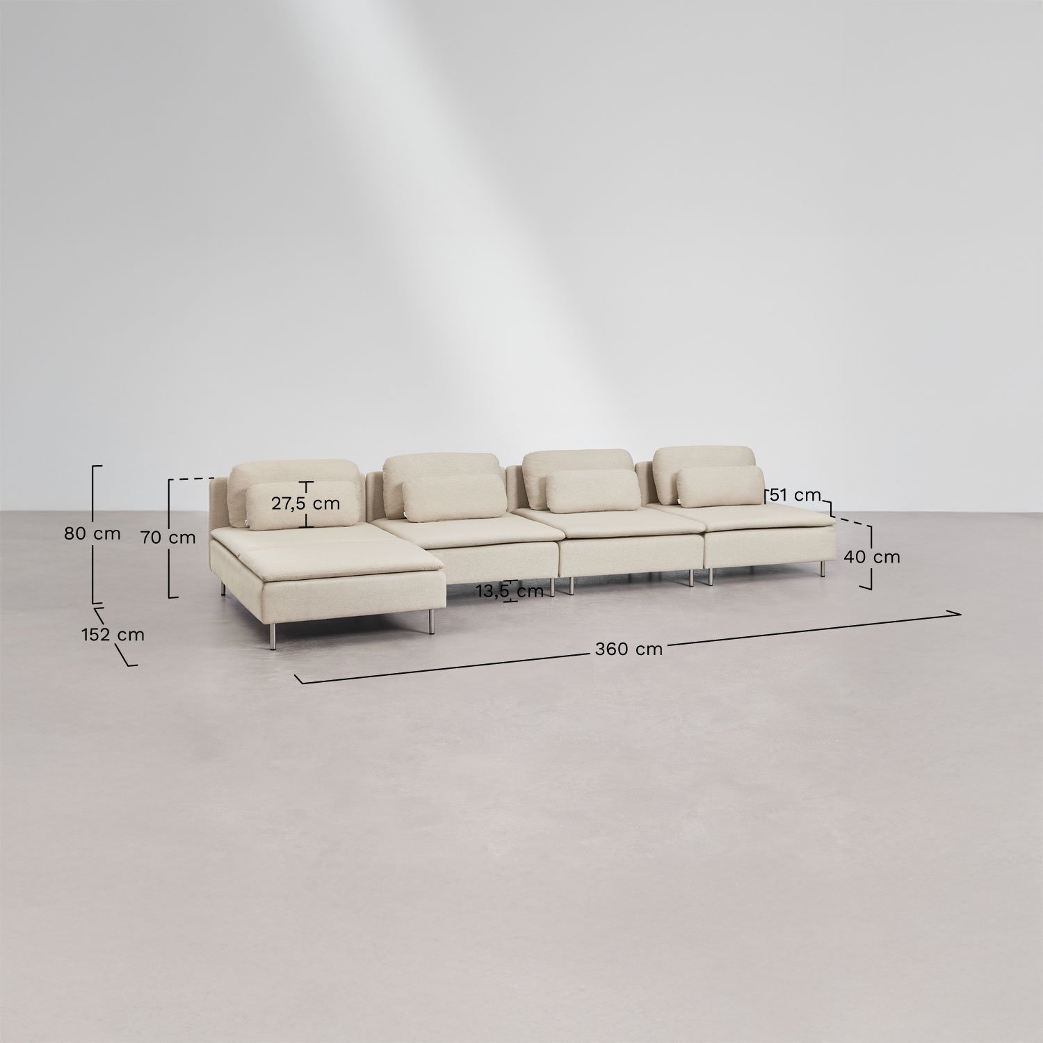 Oriol 4-delige modulaire chaise longue-bank met linkerzijde, AFMETINGEN