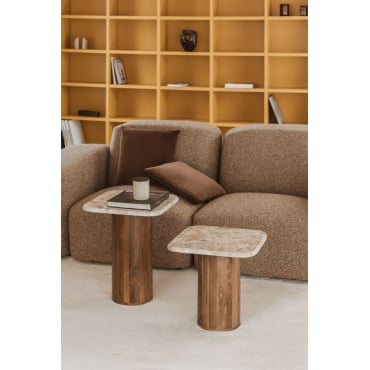 Set Van 2 Vierkante Salontafels 40x40 Cm In Marmer En Mangohout Merieines Donker Handvat Hout - Sklum