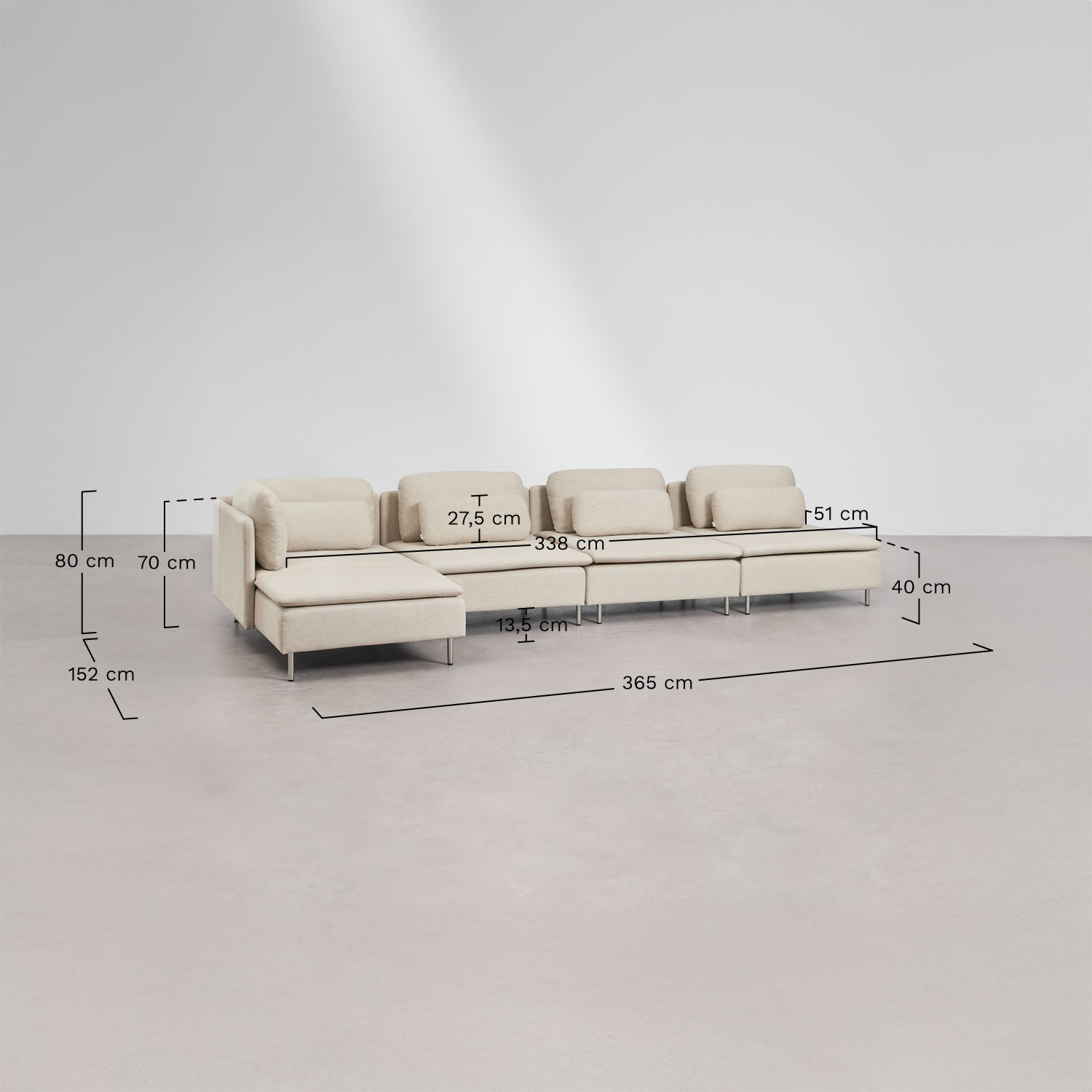 Oriol 4-delige modulaire chaise longue-bank met linkerzijde, AFMETINGEN