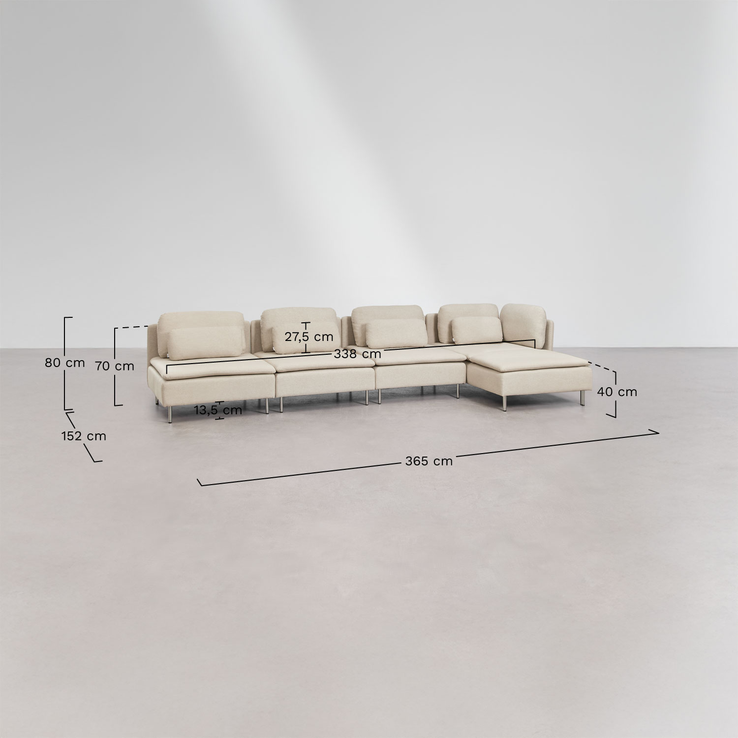 Oriol 4-delige chaise longue modulaire bank rechts, AFMETINGEN