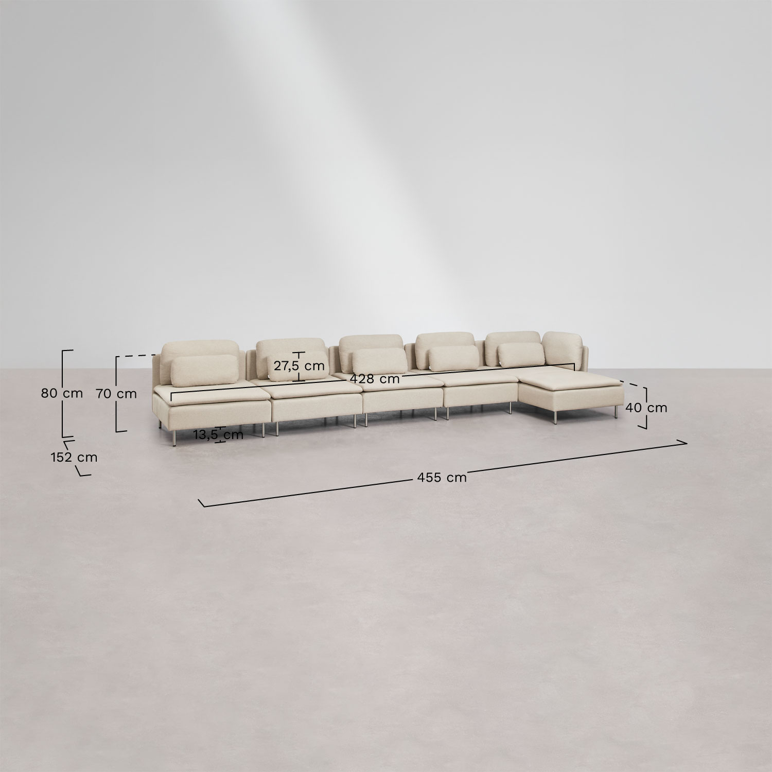 Oriol 5-delige chaise longue modulaire bank rechts, AFMETINGEN