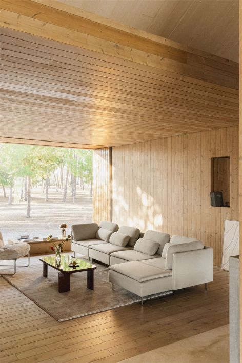 Modulaire bank met chaise longue rechts, 4-delig met hoekmodule Oriol - Stof Crème Beige