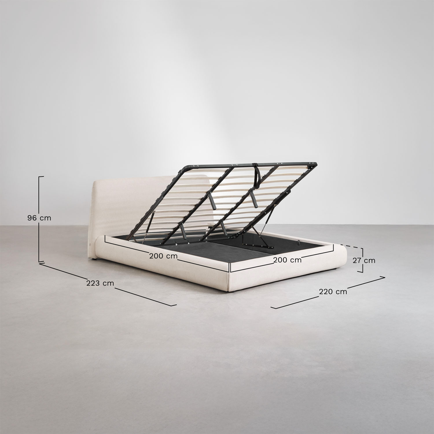 Gestoffeerd bed met opklapbare boxspring Norena, AFMETINGEN