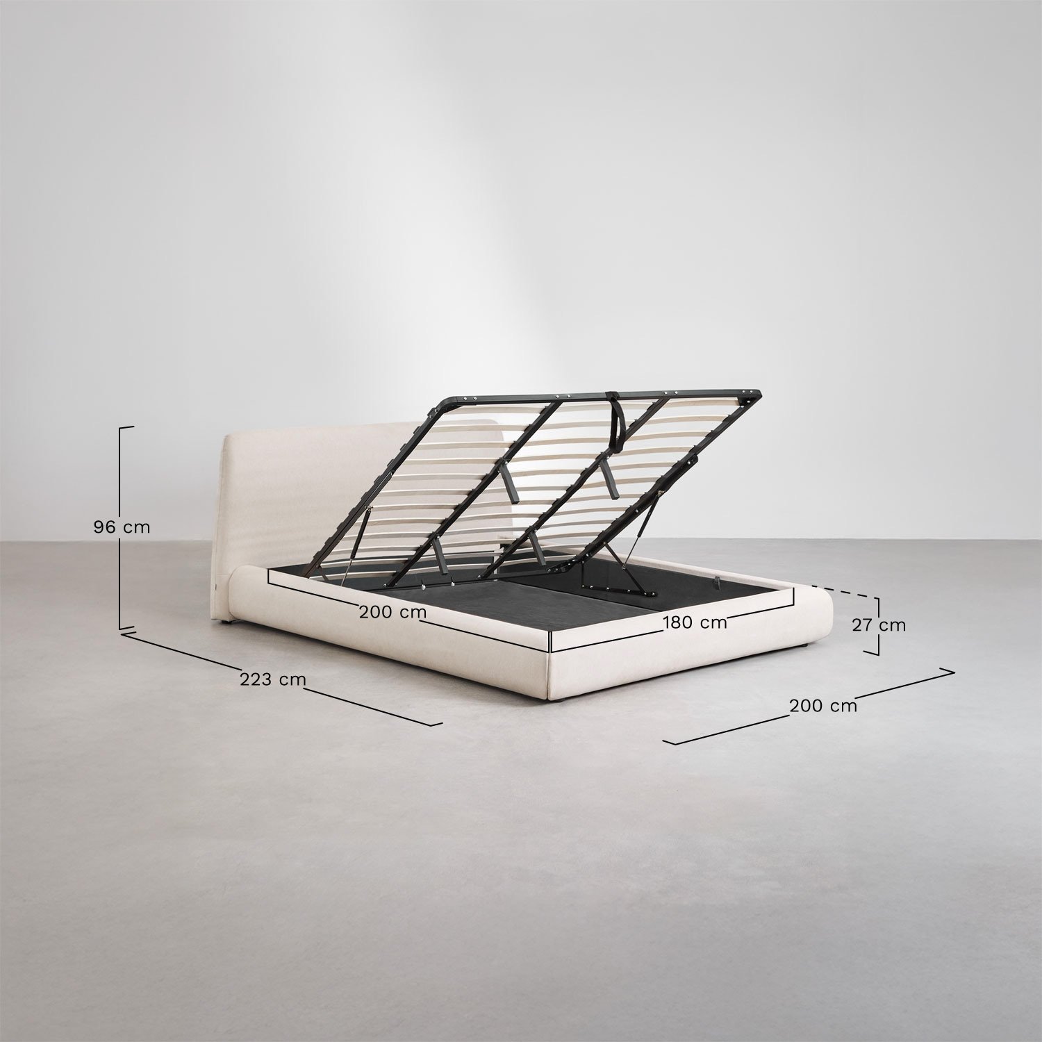 Gestoffeerd bed met opklapbare boxspring Norena, AFMETINGEN