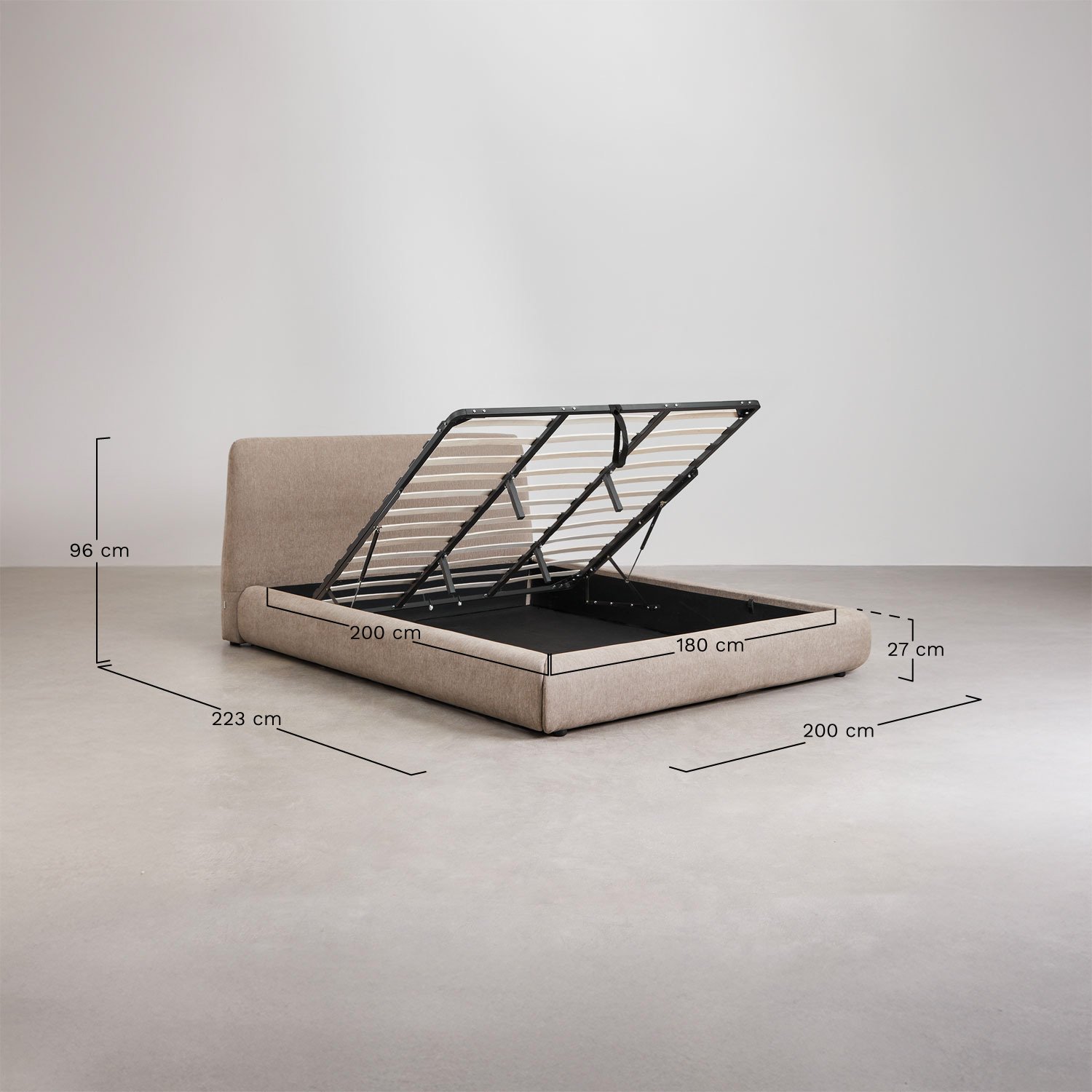 Gestoffeerd bed met opklapbare boxspring Norena, AFMETINGEN