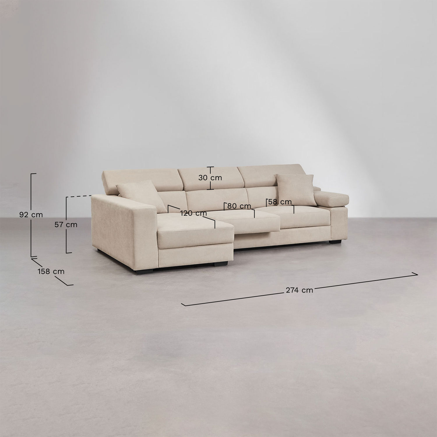 Linker 3-zits chaise longue bank met verstelbare hoofdsteun en uitschuifbare zitplaatsen Aramis, AFMETINGEN