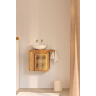 Georgy Teakhouten Wandmeubelset Voor In De Badkamer Teakhout & Rond Cement Wit Ø40 Cm Zavion & Spiegelloze & Goud Ingebed Met Aftapkraan - Sklum