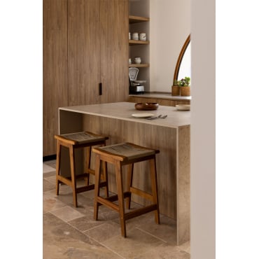 Hoge Kruk 65 Cm In Acaciahout En Gevlochten Touw Tenay Bruin - Tarwe - Sklum