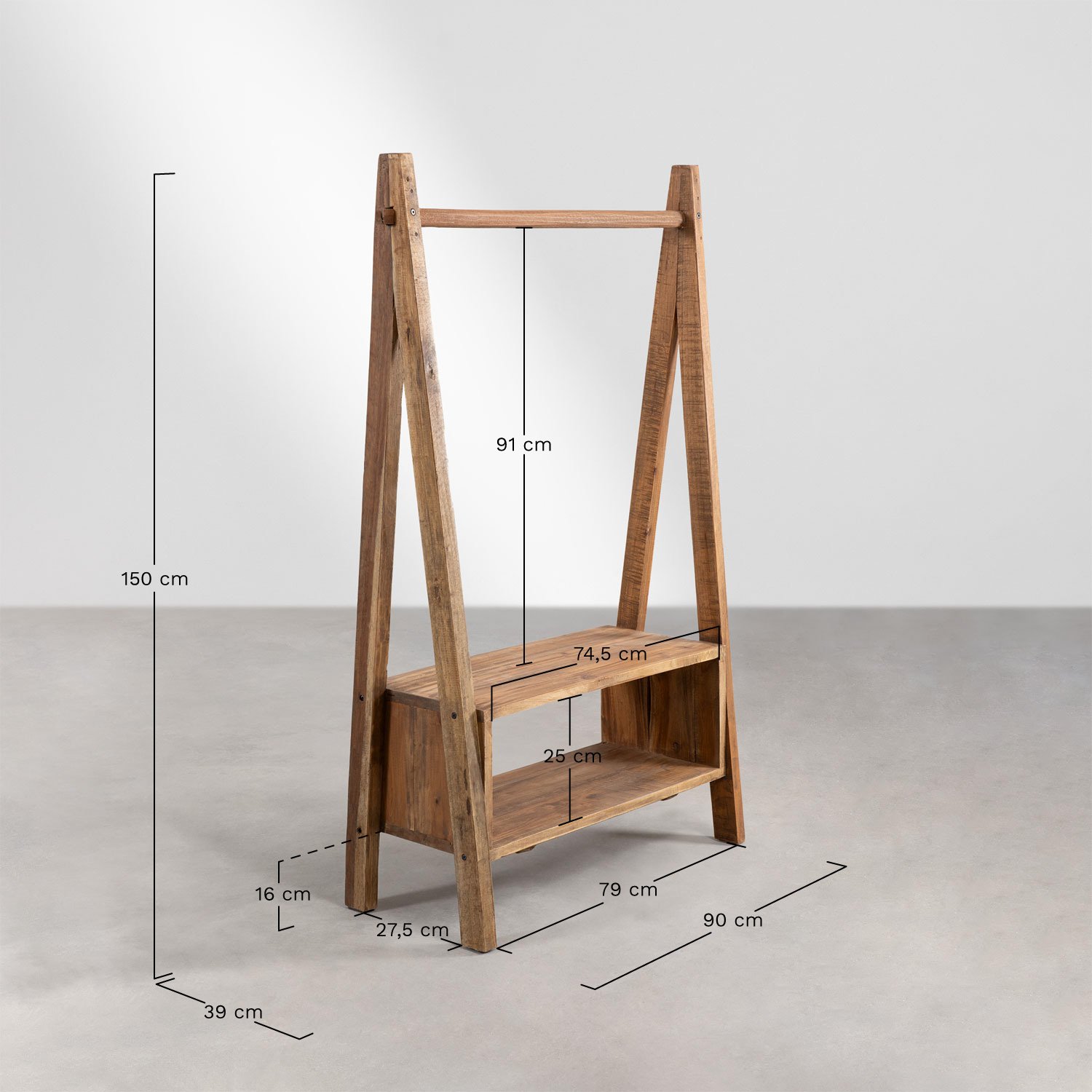 Kapstok van gerecycled hout Arcieh, AFMETINGEN