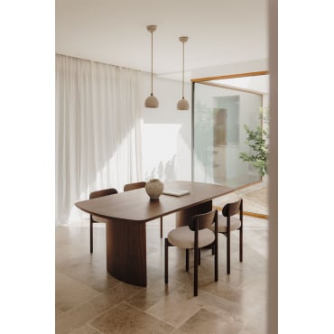 Rechthoekige Tafelset 200x100 Cm In Mdf Tuareg En 4 Eetkamerstoelen In Eikenhout En Bianca Bouclé Stof Donker Hout - Sklum