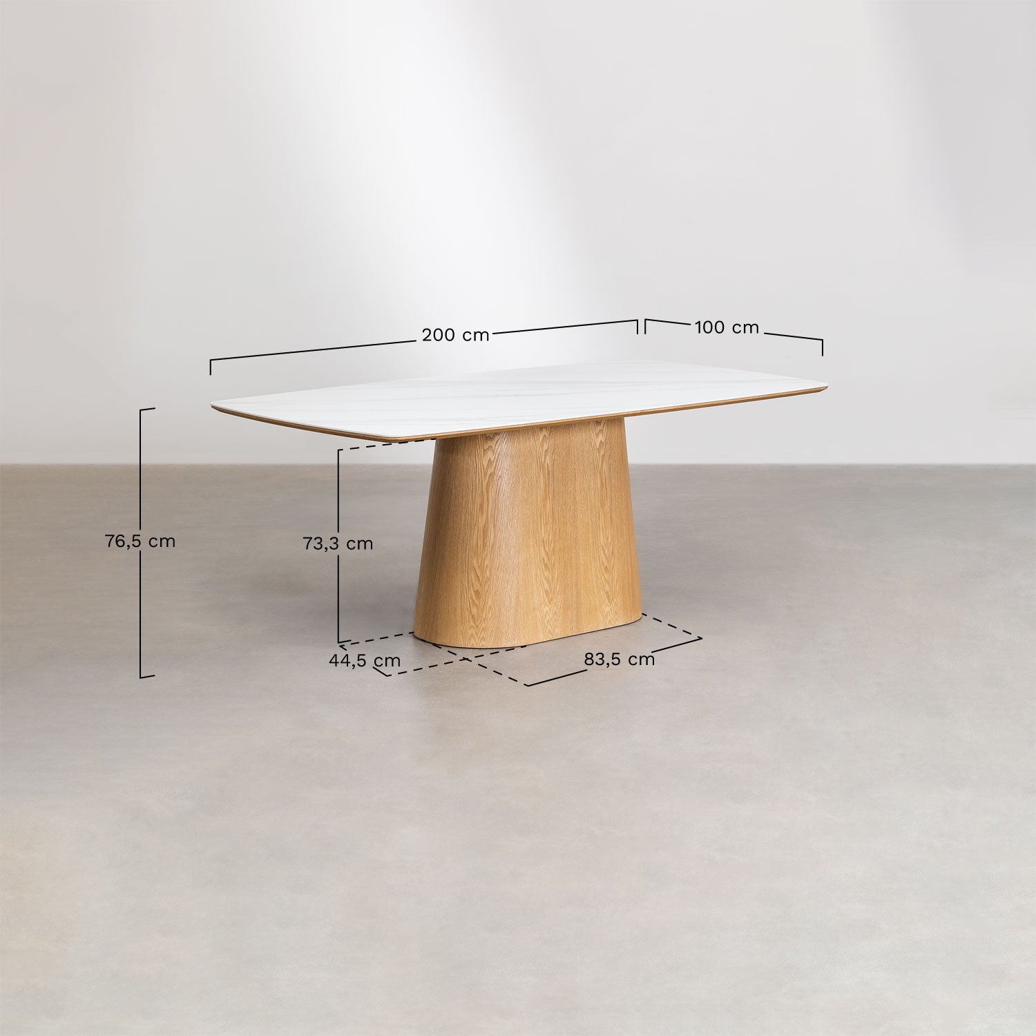 Rechthoekige tafelset 200x100 cm met Aura keramisch fineer en 6 eetkamerstoelen in hout en bouclé stof Lucca, AFMETINGEN