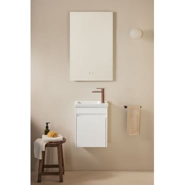 Badkamermeubelset In Hout Met Geïntegreerde Wastafel Narek Wit & Rectangular Led And Antifog 55x90 Cm Kirvex & Rosé Goud ↑20 - Sklum