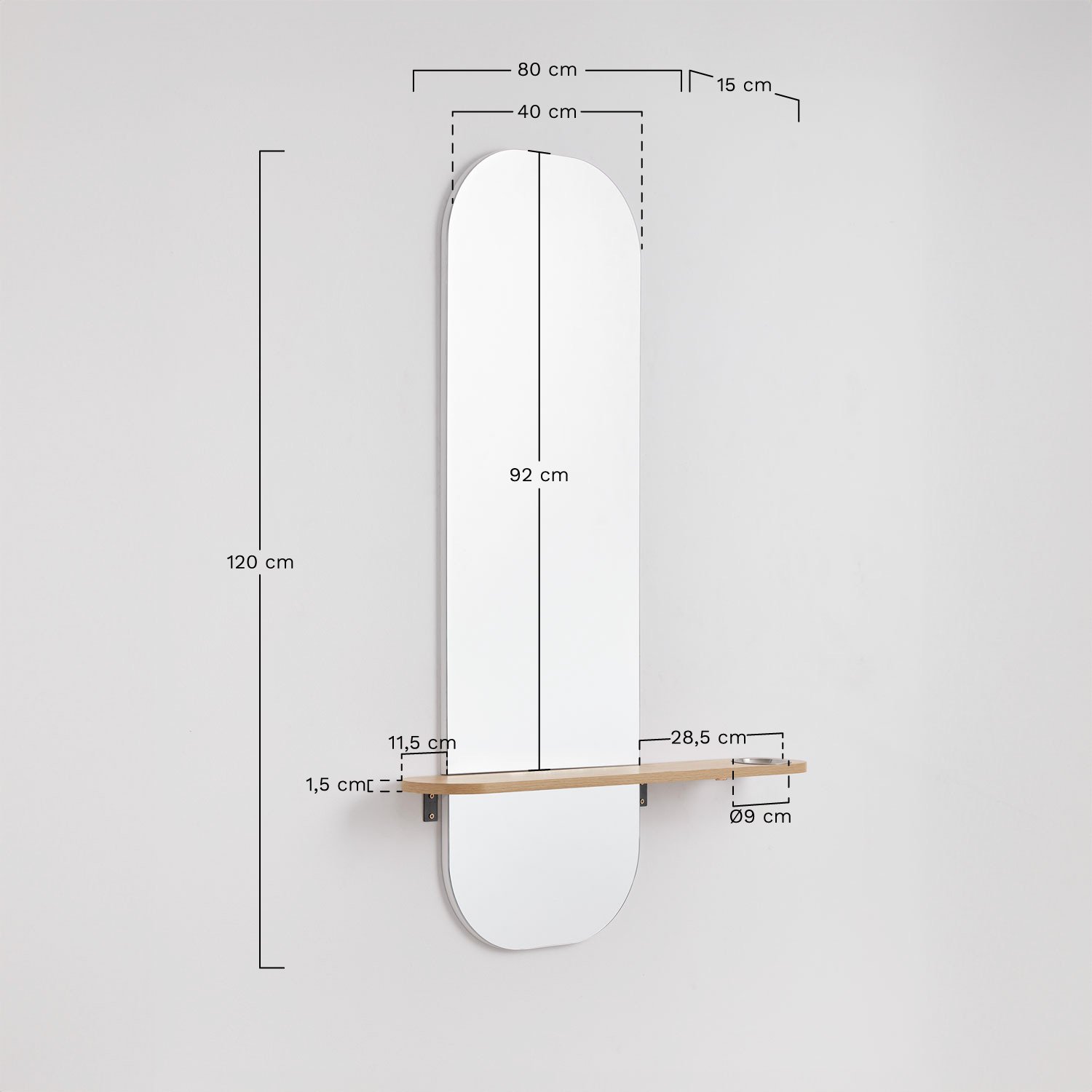 Verique MDF haltafel met spiegel, AFMETINGEN