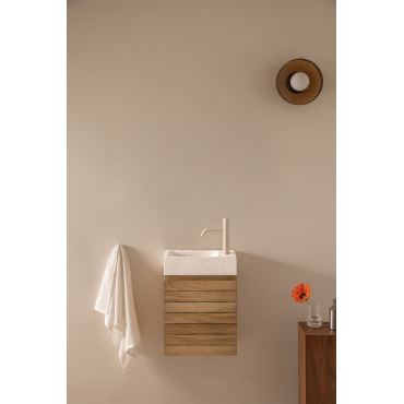 Conjunto Vaniteitmeubel Zwevend Van Teakhout Met Geïntegreerde Wasbak Van Napier-cement Teakhout & Spiegelloze & Tapioca Beige ↑20 - Sklum