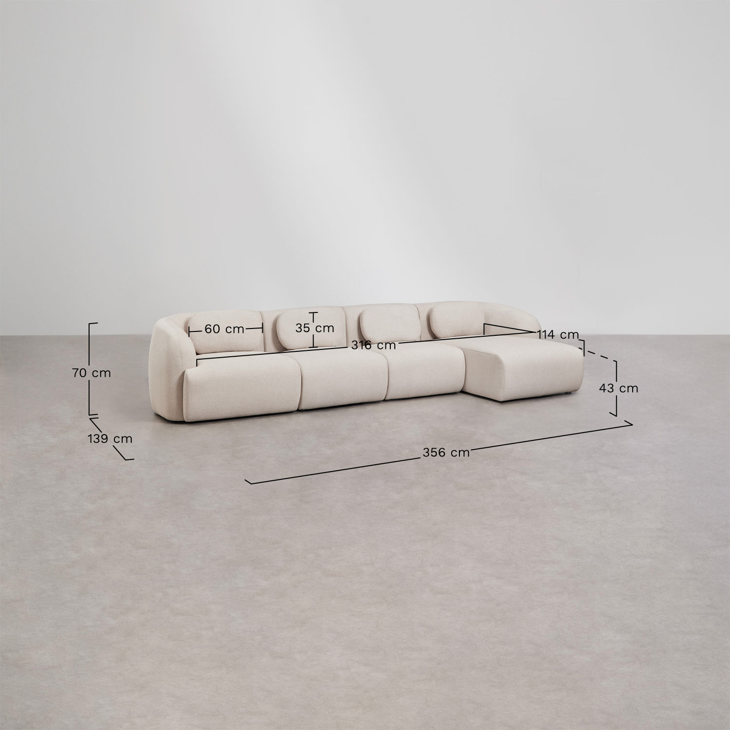 4-delige modulaire rechter chaise longue bank in chenille Coquette, AFMETINGEN