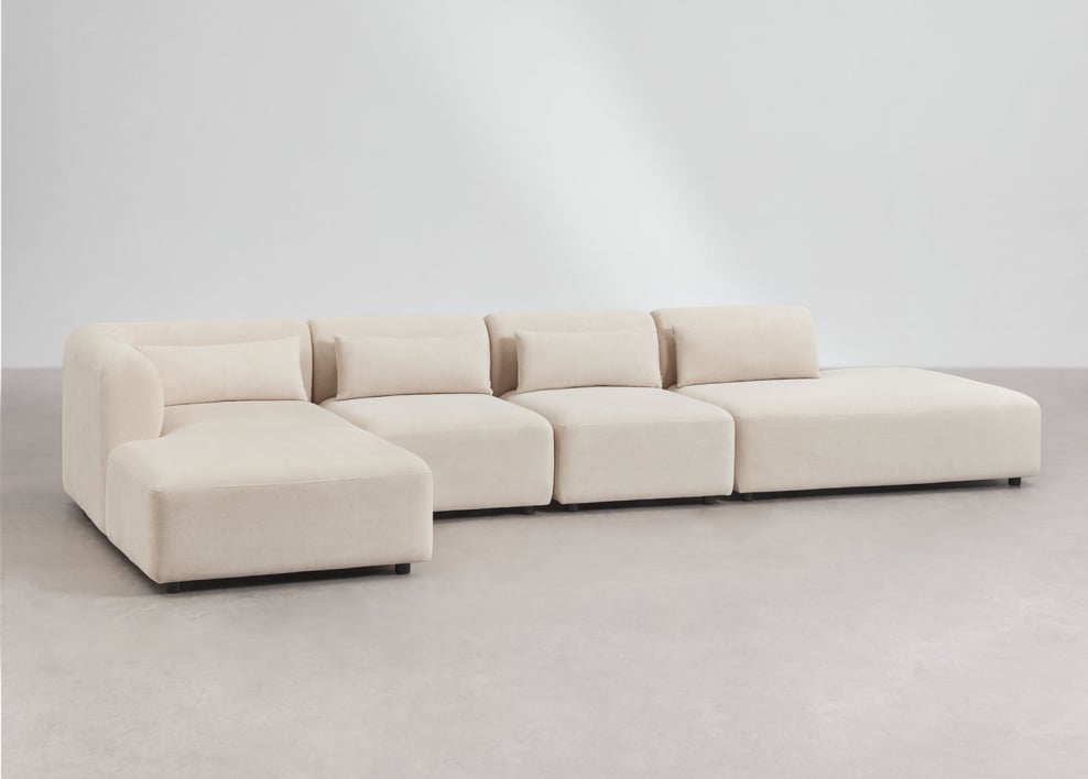 Modulaire linkerhoekbank met chaise longue van 4 delen met divan Fogler - Corduroy Beige – linnen