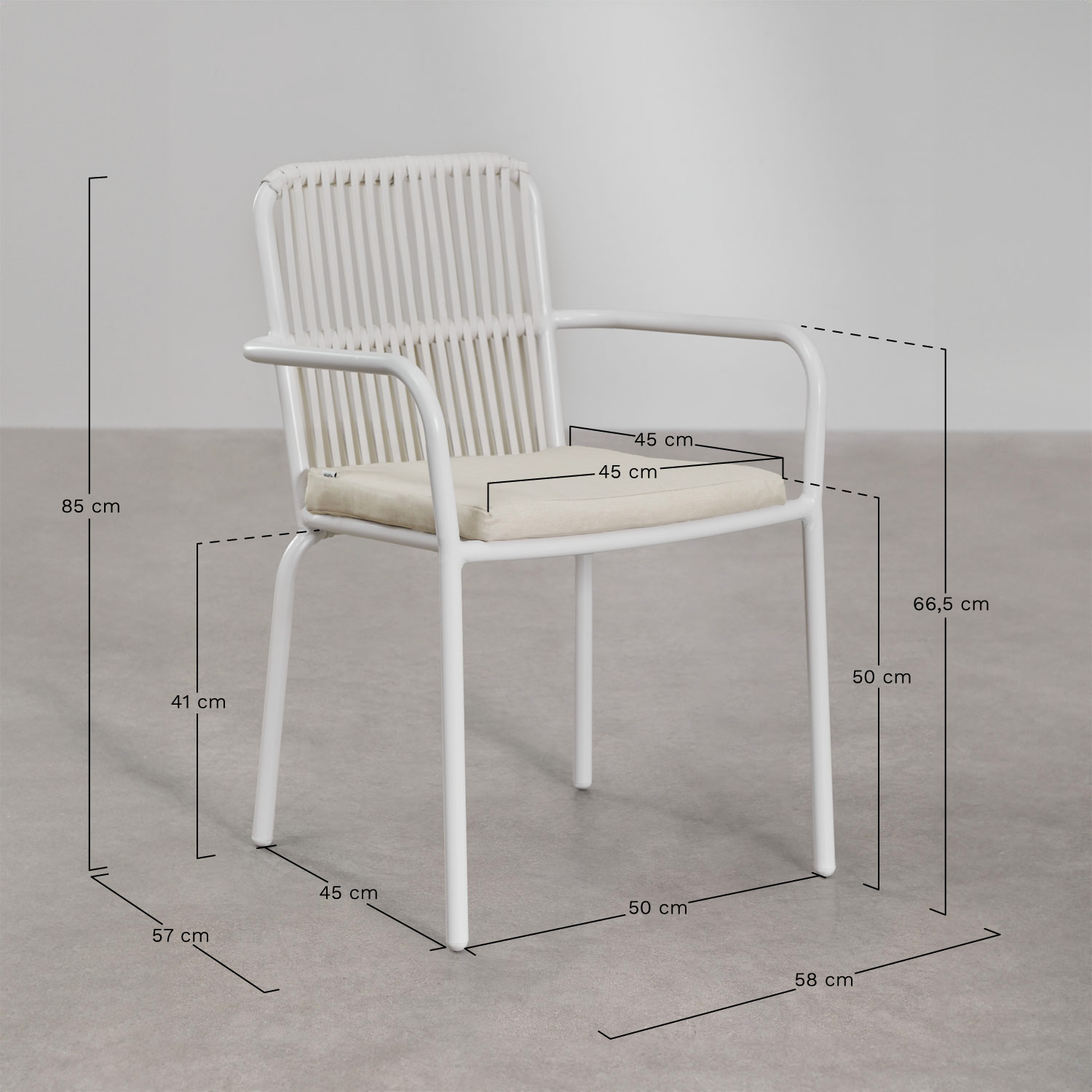 Set van vierkante tafel 90x90 cm in gesinterd steen en aluminium Inkeri en 4 stapelbare tuinstoelen met armleuningen Alberta, AFMETINGEN