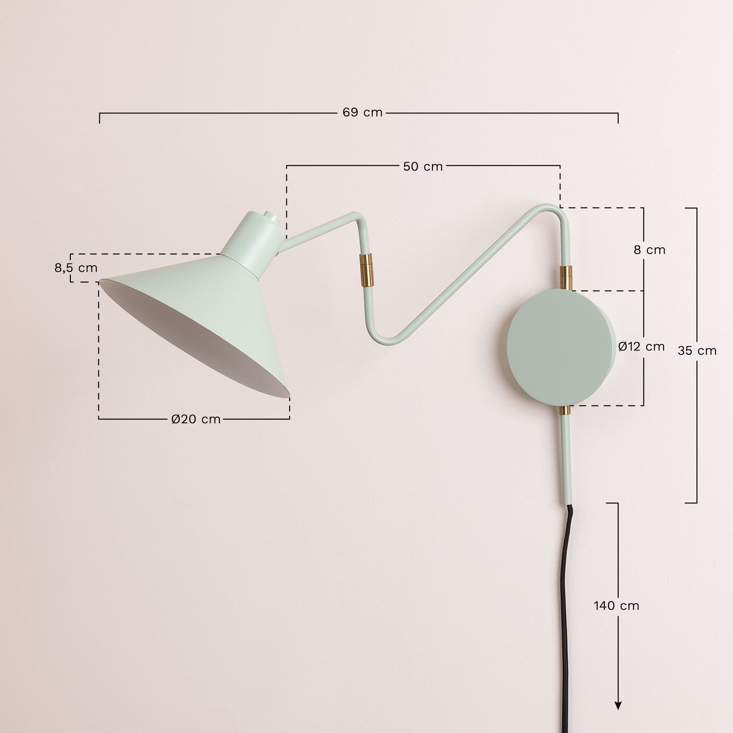 Draaibare wandlamp van ijzer Lizz, AFMETINGEN