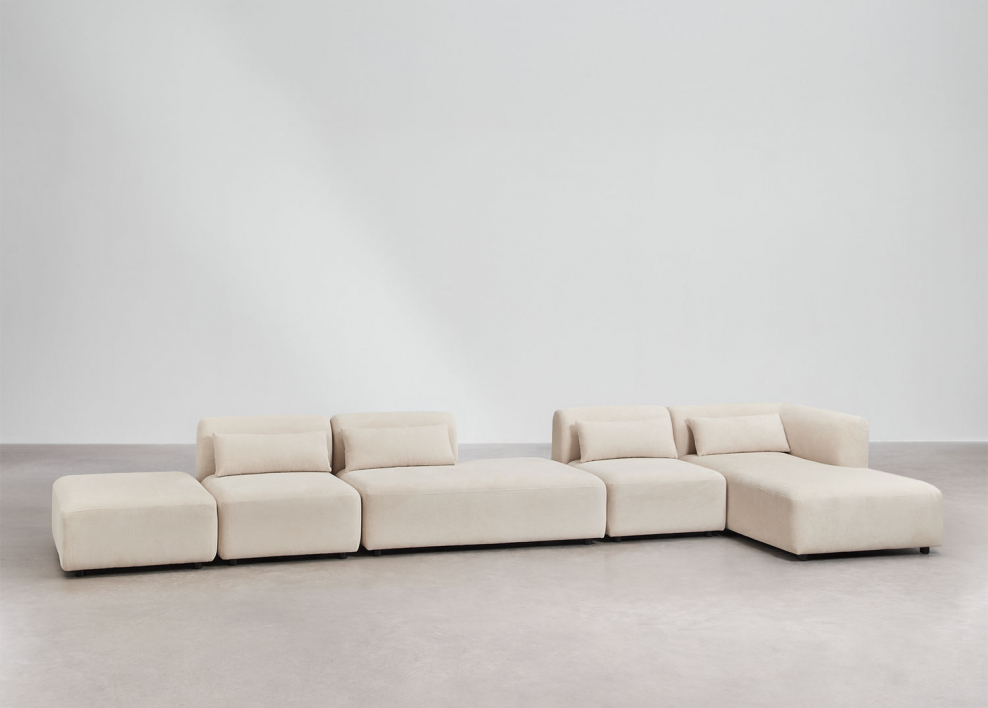 4-delige chaise longue modulaire hoekbank met chaise longue en poef Fogler - Corduroy Beige – linnen