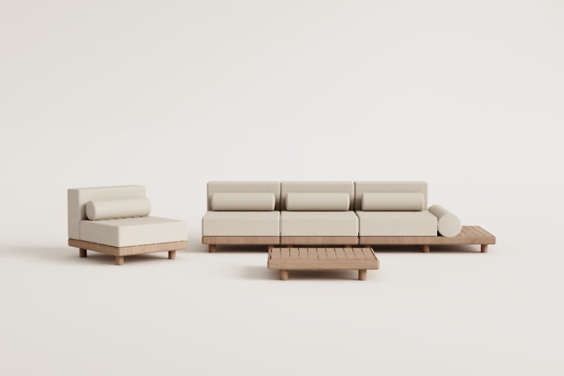 Tuinset met 3-delige modulaire bank, bijzettafel, fauteuil en salontafel van acaciahout Edrien