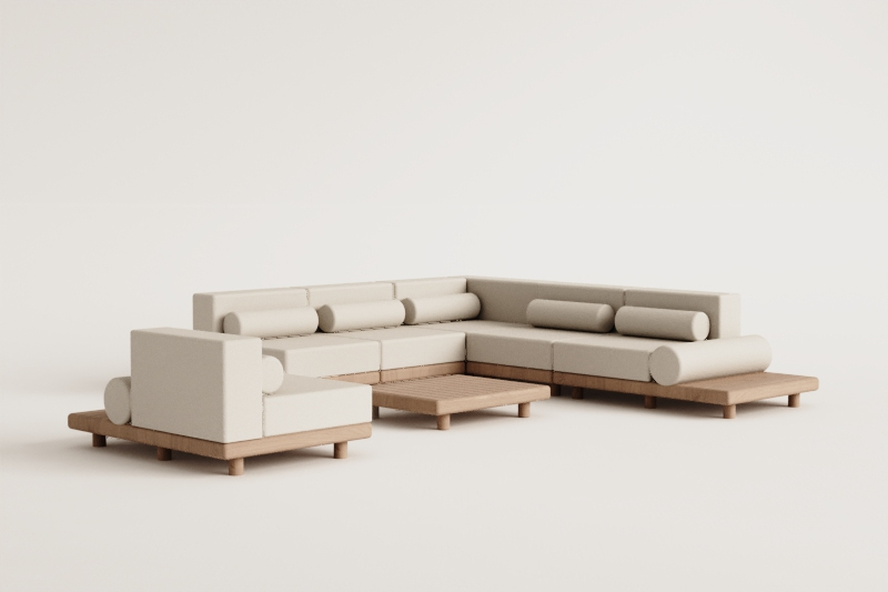 Tuinset met modulaire hoekbank van 5 delen met bijzet- en salontafels en fauteuil van acaciahout Edrien