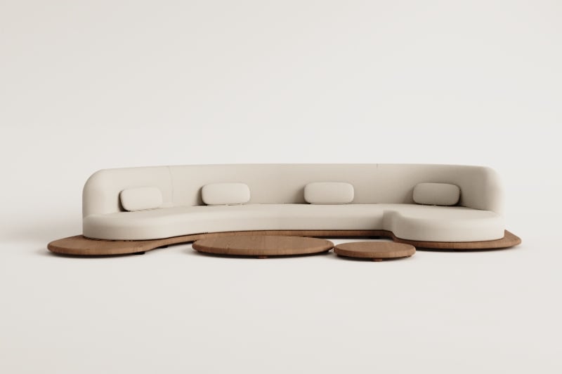 Tuinset met modulaire rechter chaise longue bank van 4 delen en 2 salontafels van acaciahout Gerard