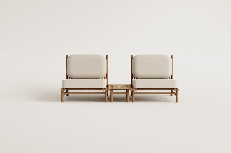 Tuinset met 2 fauteuils en rechthoekige bijzettafel van bamboe Isendra