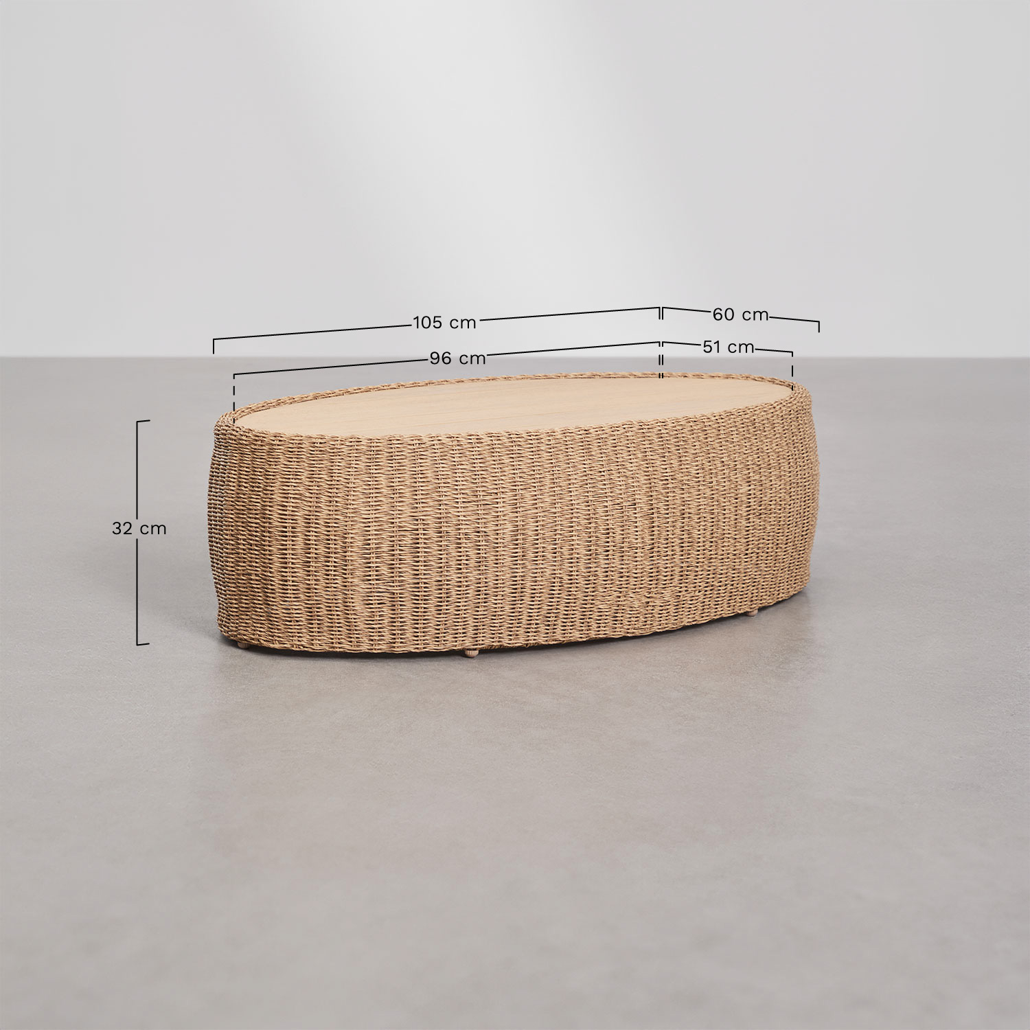 Tuinset met 3-zitsbank, 2 fauteuils en salontafel van acaciahout en Clarnyx-rotan, AFMETINGEN