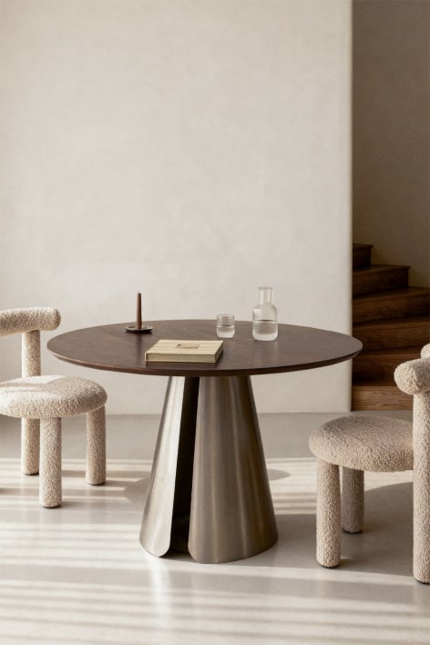Ronde eettafel Ø120 cm van roestvrij staal Baelor - Donker handvat hout
