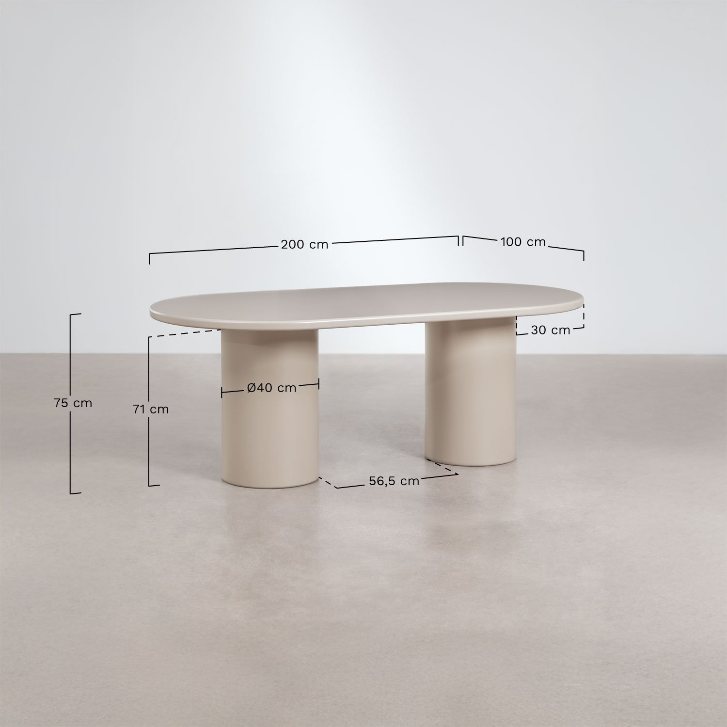 Ovale eettafel 200x100 cm in MDF Rodeo, AFMETINGEN