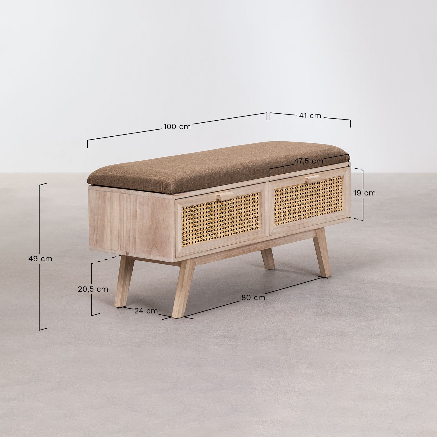 Bank van hout met 2 lades Ralik Design, AFMETINGEN