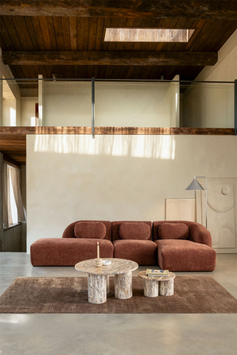 3-delige modulaire rechter chaise longue bank met linker divan in chenille Coquette