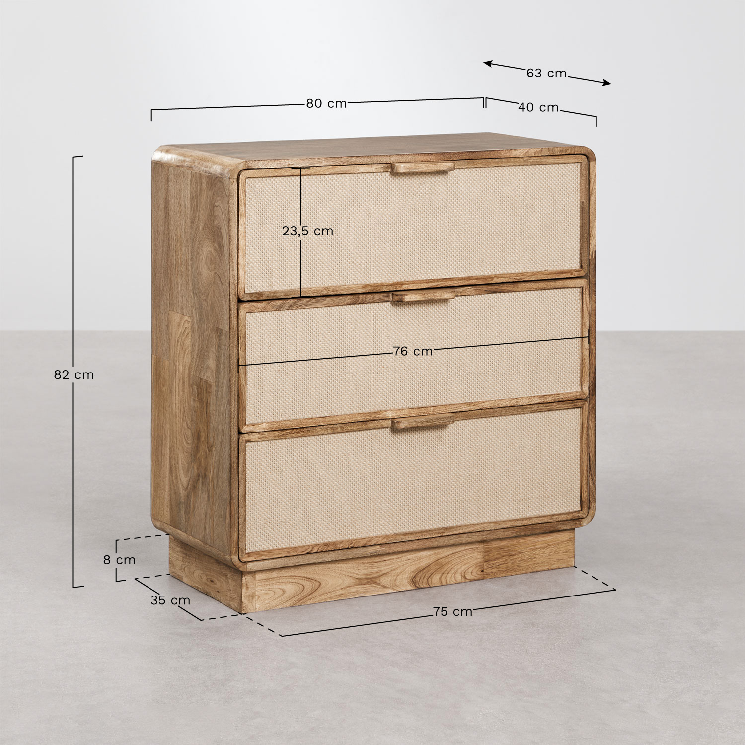 Kommode van mangohout, MDF en jute Abrams, AFMETINGEN