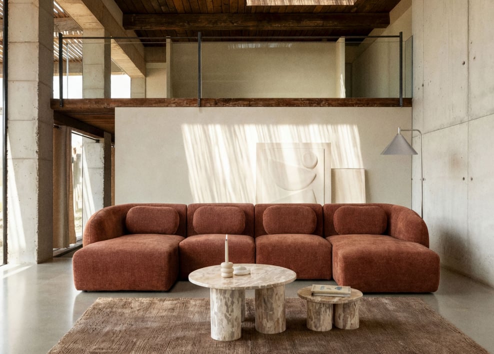 Modulaire bank met dubbele chaise longue van 4 delen in chenille Coquette - Roestbruin Chenille