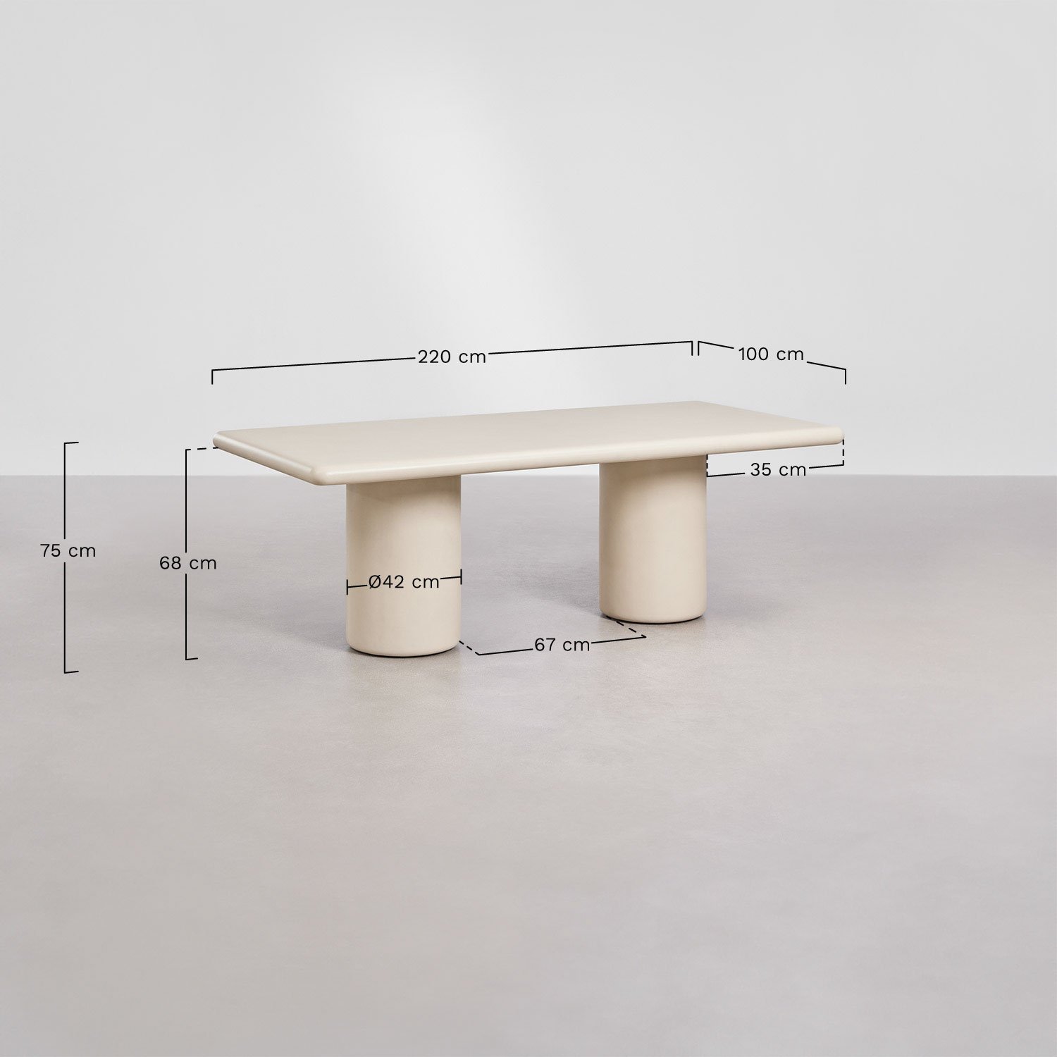 Rechthoekige eettafel 220x100 cm in Namara cement, AFMETINGEN