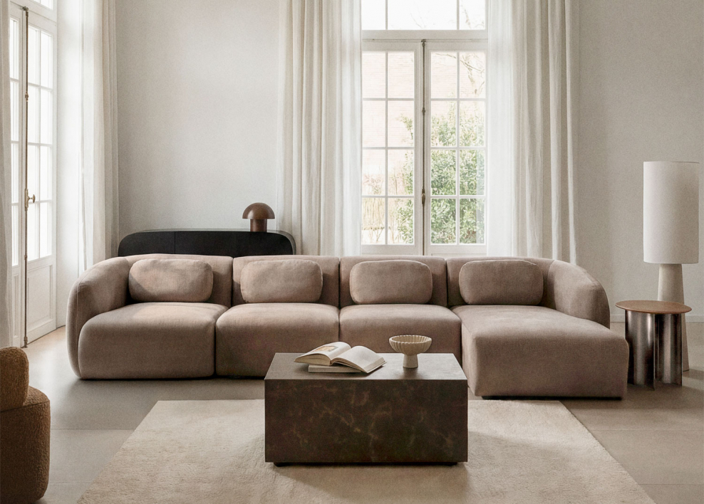 4-delige modulaire rechter chaise longue bank in chenille Coquette