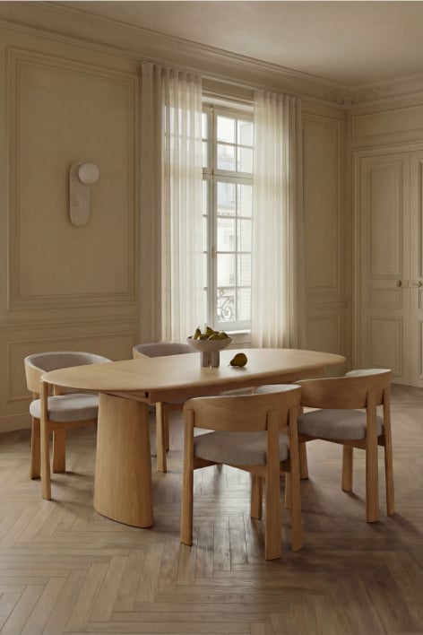 Uitklapbare ovale eettafel van MDF en essenfineer Nuveta - Natuurlijk Hout