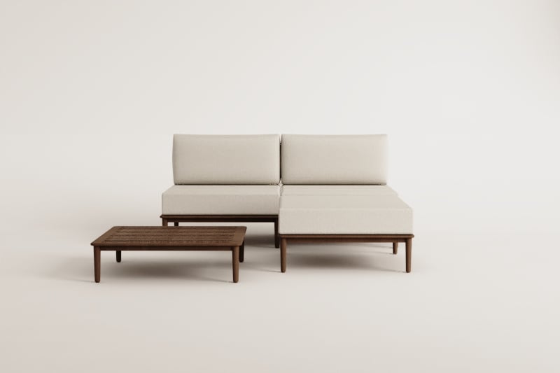 Tuinset met 2-delige modulaire bank, salontafel en poef in acacia Giulia