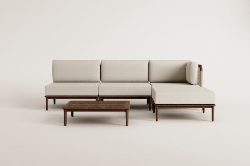 Tuinset met 3-delige modulaire hoekbank, salontafel en poef van acaciahout Giulia