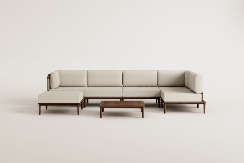 Tuinset met 5-delige modulaire hoekbank, salontafel en poef in acacia Giulia