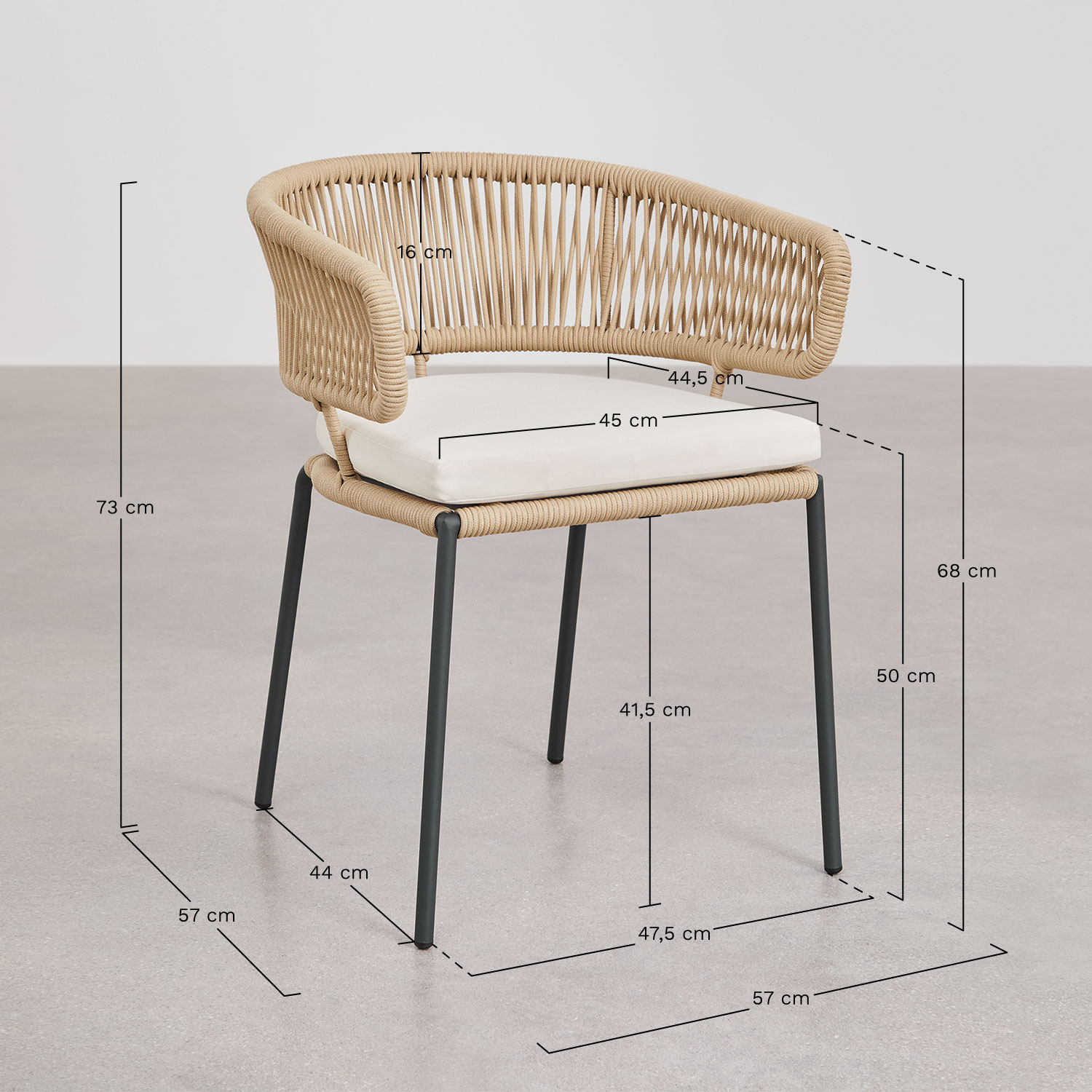 Set van 4 eetkamerstoelen van ijzer en gevlochten touw Calipso, AFMETINGEN