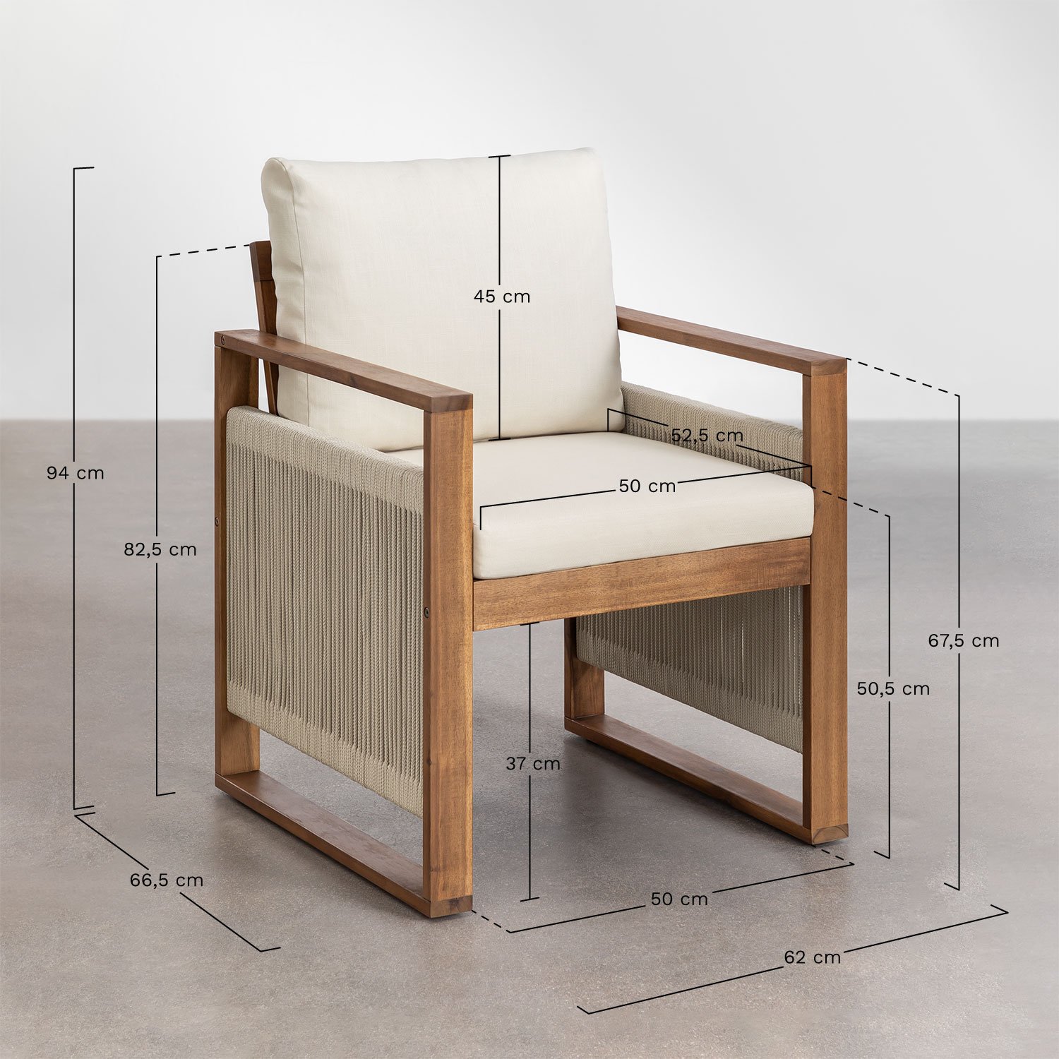 Rechthoekige tafelset (200x100 cm) en 6 tuinstoelen met armleuningen in acaciahout Nayely, AFMETINGEN