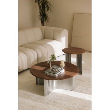 Set Van 2 Ronde Salontafels Van Mangohout En Roestvrij Staal Marvion Mangohout - Sklum