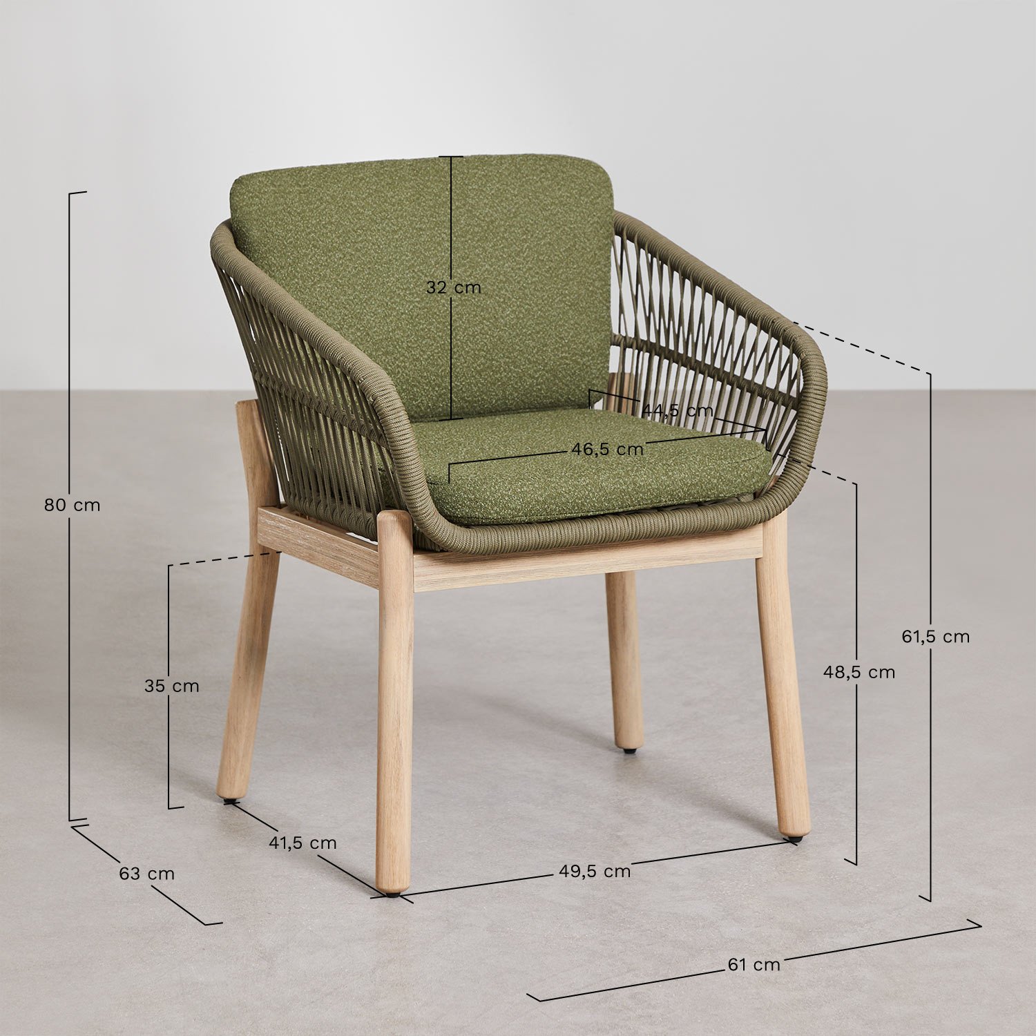 Set van rechthoekige tafel 220x100 cm en 8 tuinstoelen in acaciahout en Karvia gevlochten touw  , AFMETINGEN