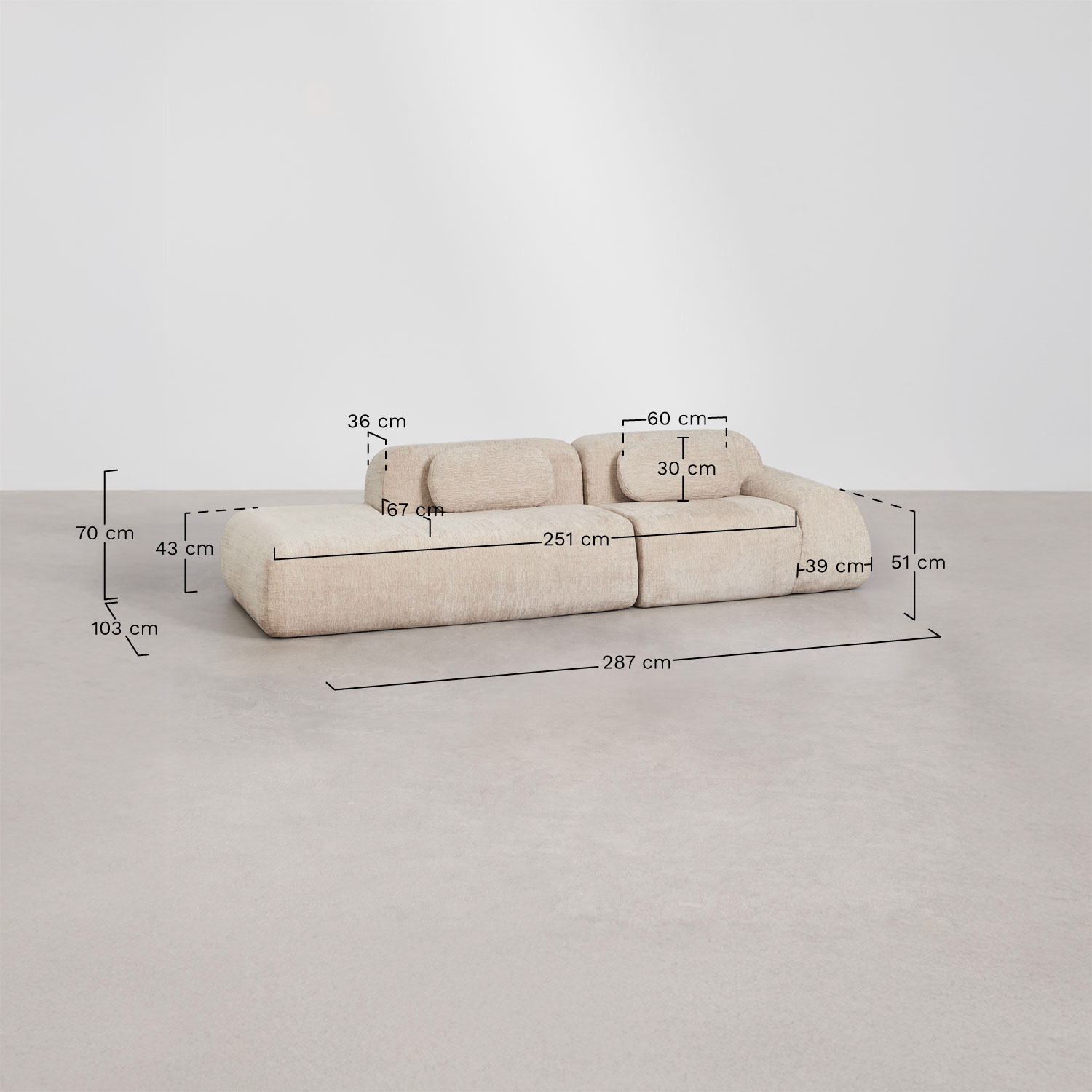 Modulaire hoekbank van 2 delen met linker divan in vacuüm verpakte chenille Merida, AFMETINGEN