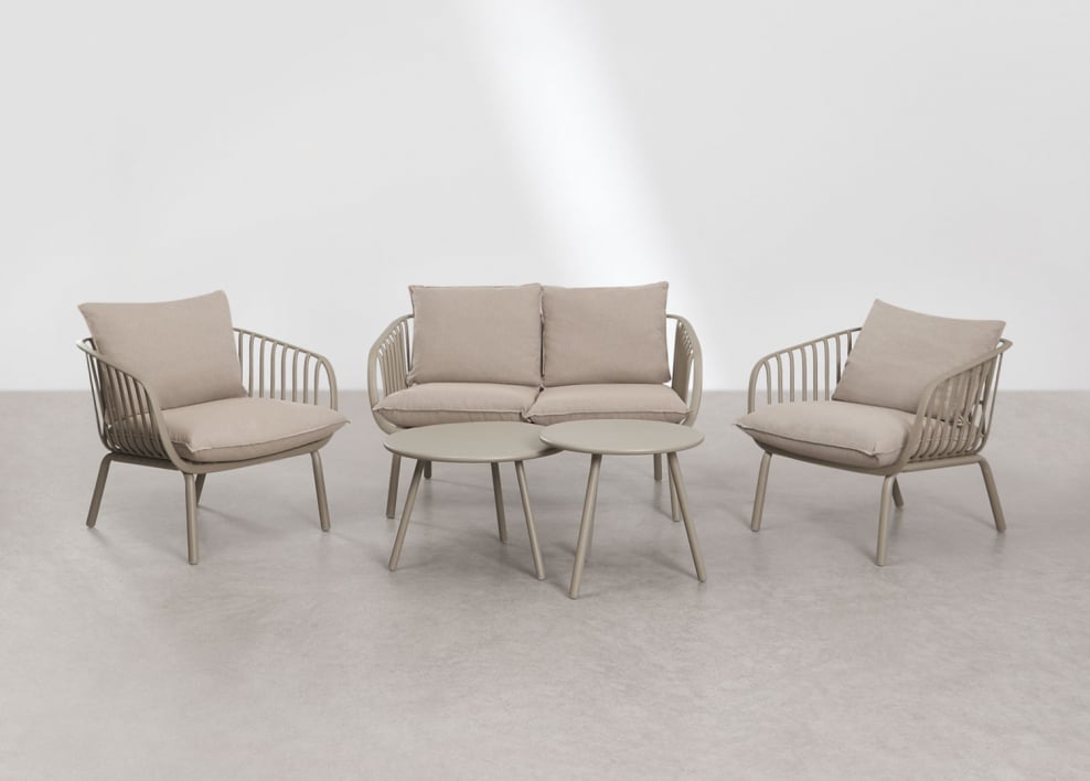 Tuinset met 2-zitsbank, 2 fauteuils en 2 salontafels van staal en polypropyleen Aradina