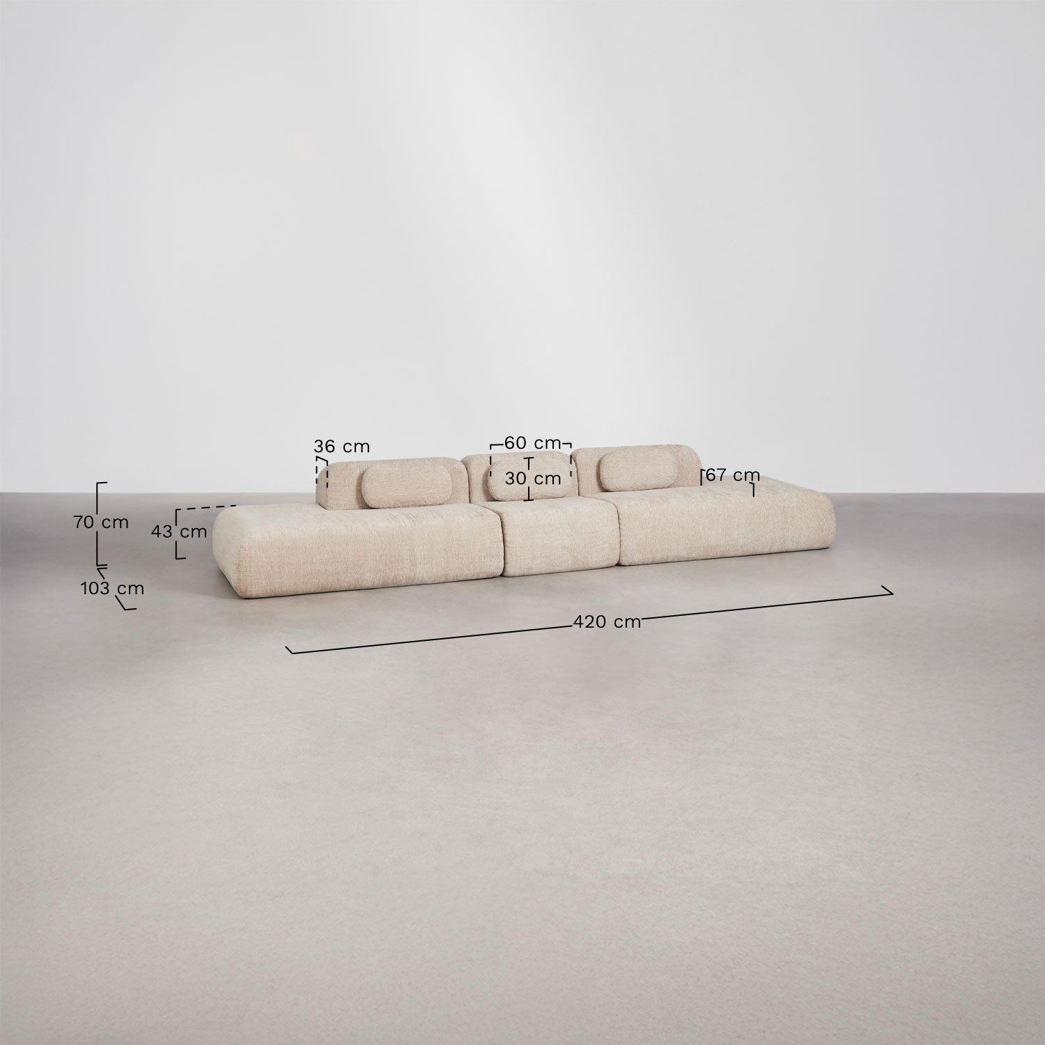 3-delige modulaire bank met dubbele chaise longue in vacuüm verpakte chenille Merida, AFMETINGEN