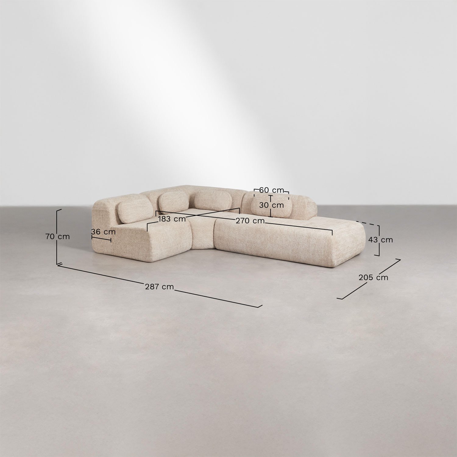 Modulaire hoekbank van 3 delen met rechter divan in vacuüm verpakte chenille Merida, AFMETINGEN