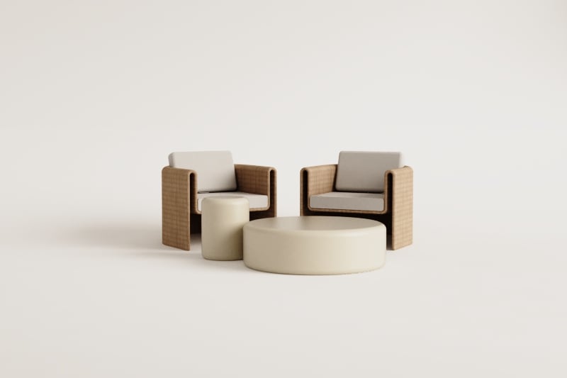 Tuinset met 2 stoelen van staal en synthetisch riet Lina en 2 salontafels van cement Fonelas